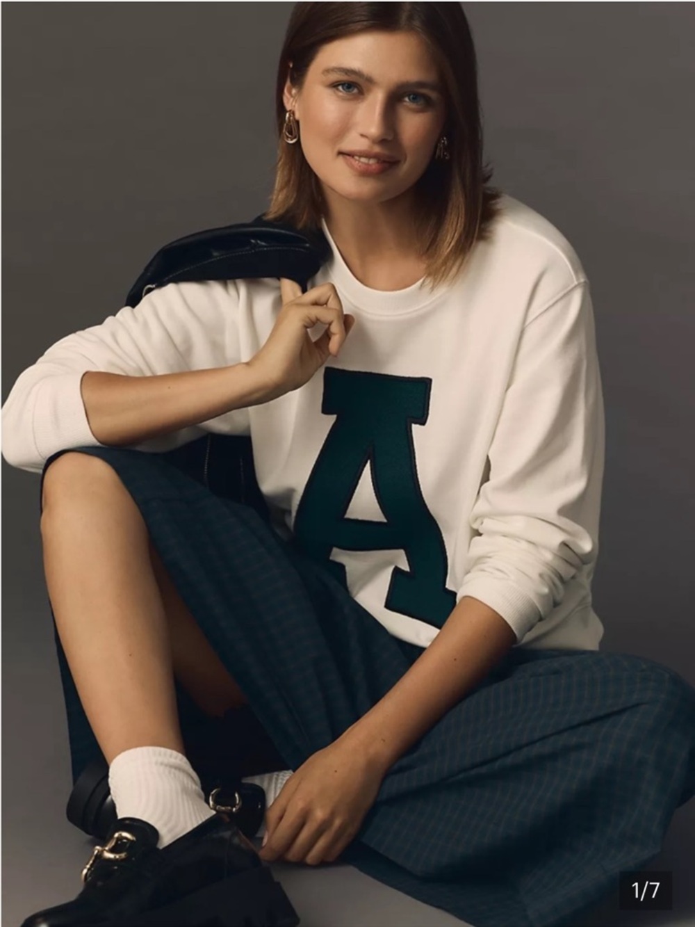 Maeve White Crewneck Sweatshirt with Dark Green 'A' Appliqué